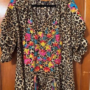 Vibrant Floral Embroidered Leopard Blouse